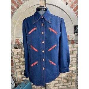 button up shirt dagger collar 6 zipper pockets 1970s navy blue red